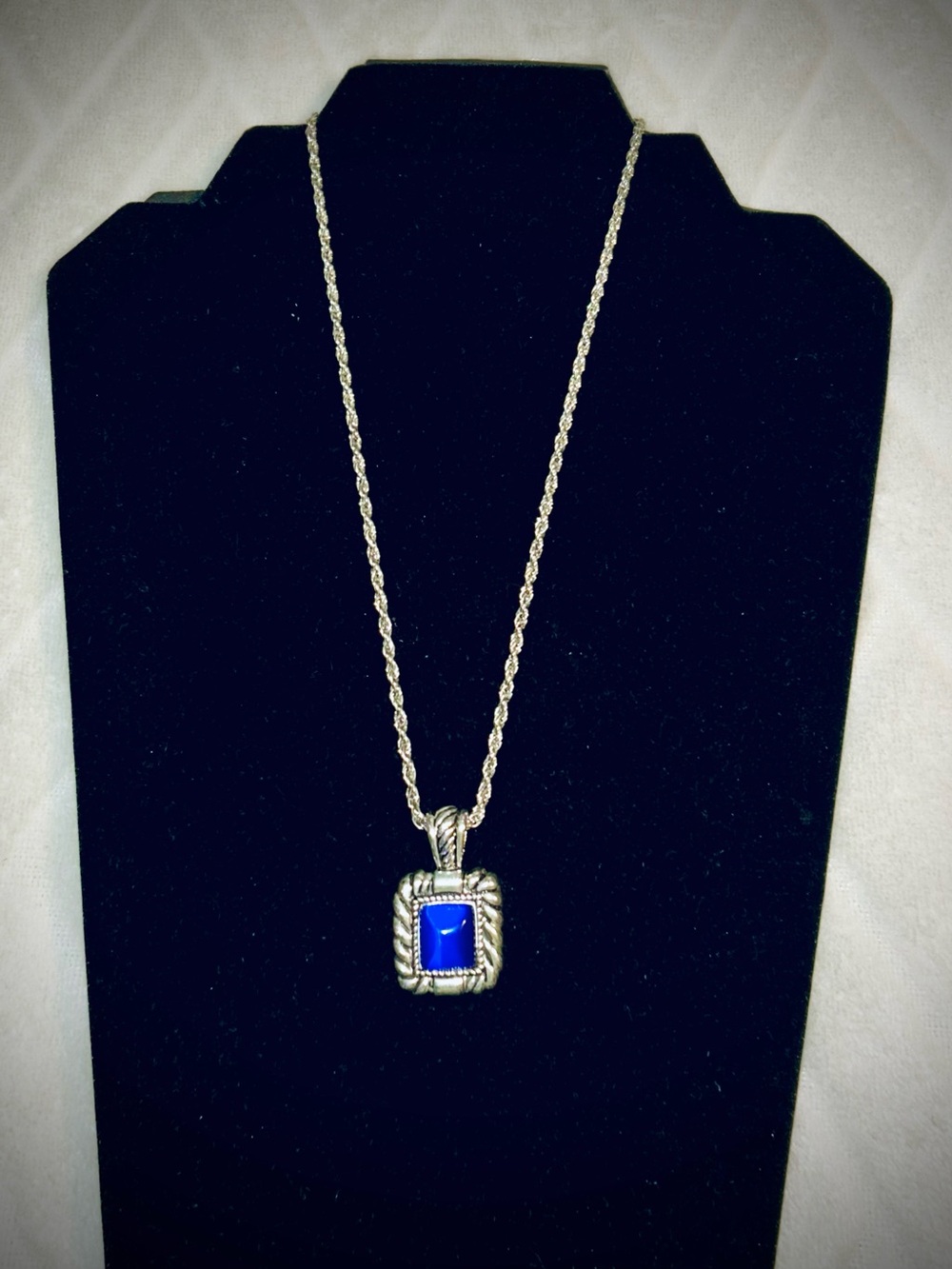 Lapis Blue Rectangle Pendant Necklace with Twisted Rope Frame